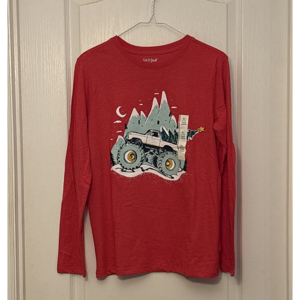 New Cat & Jack Red  Monster Truck Christmas Tree Boys XL Holiday Long Sleeve Tee